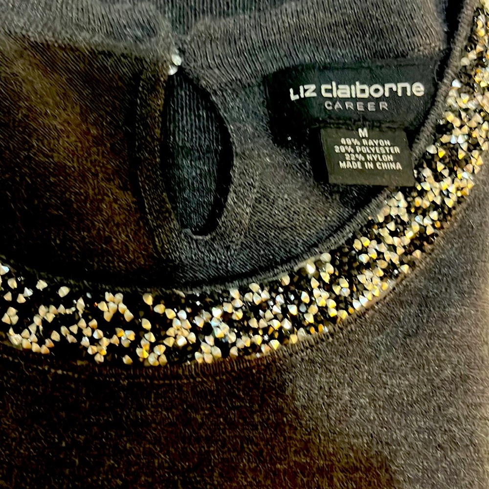 Liz Claiborne Sweater, Dark gray.  Embellishment around collar.
